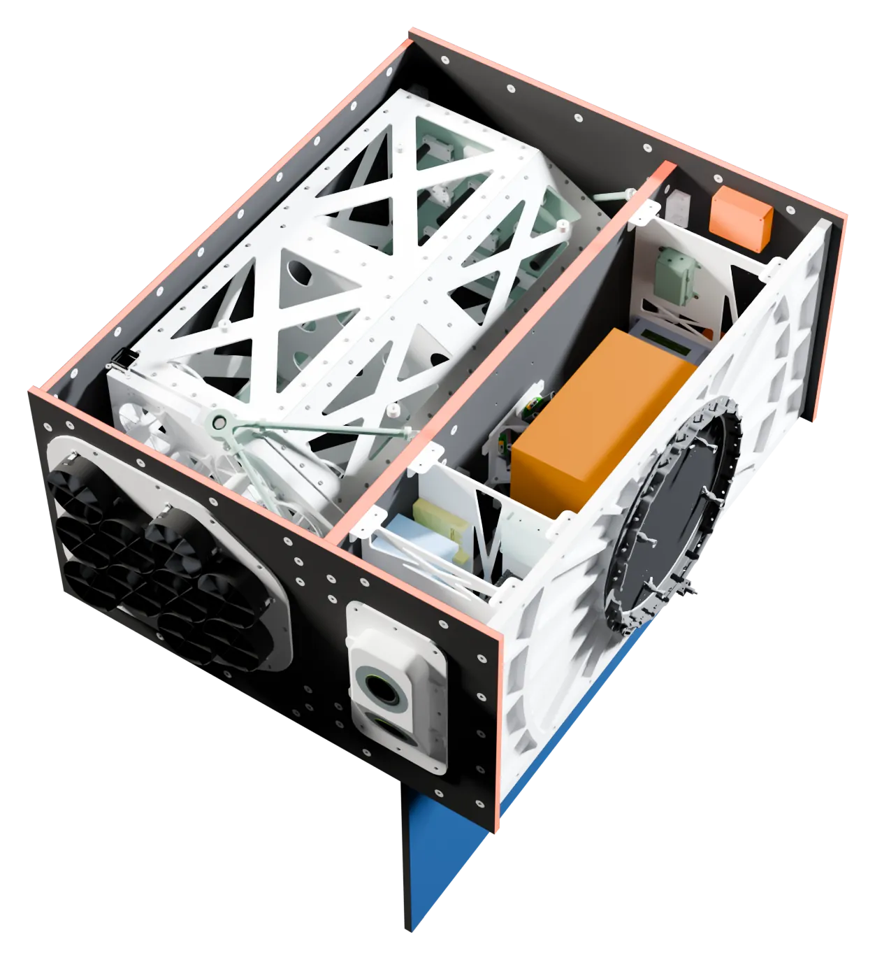 The satellite with its top panels removed, showing the X-ray instrument and the electronics inside