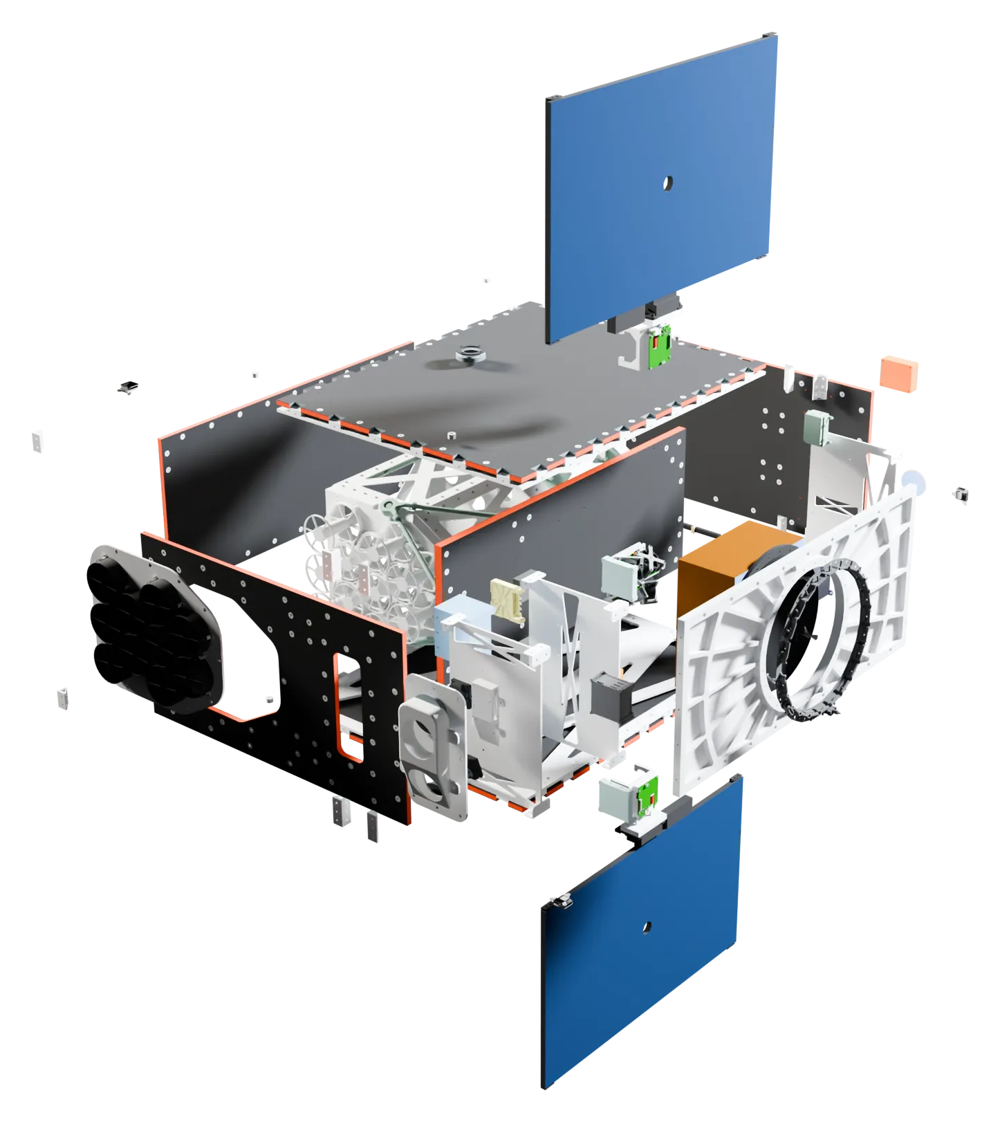 Exploded view of the satellite with every panel pulled away from the body
