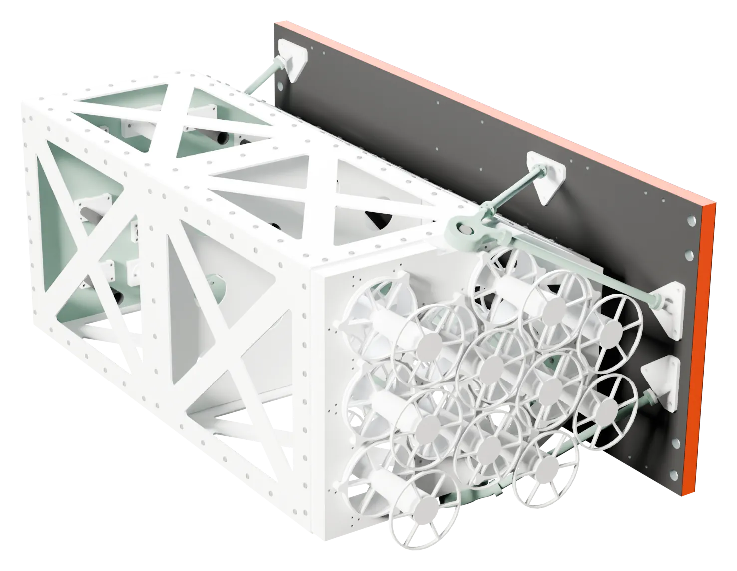 The X-ray instrument on its own: the hexagonal frame, the optics and the mounting panel