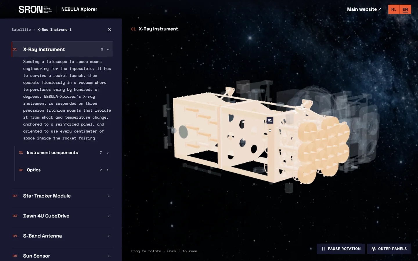Explorer panel open on the X-Ray Instrument, with the instrument isolated in the 3D view